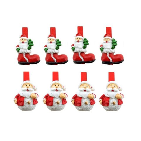 Kit Prendedores Natal Madeira e Resina Papai Noel Presilha 5cm 8 Peças - Magizi