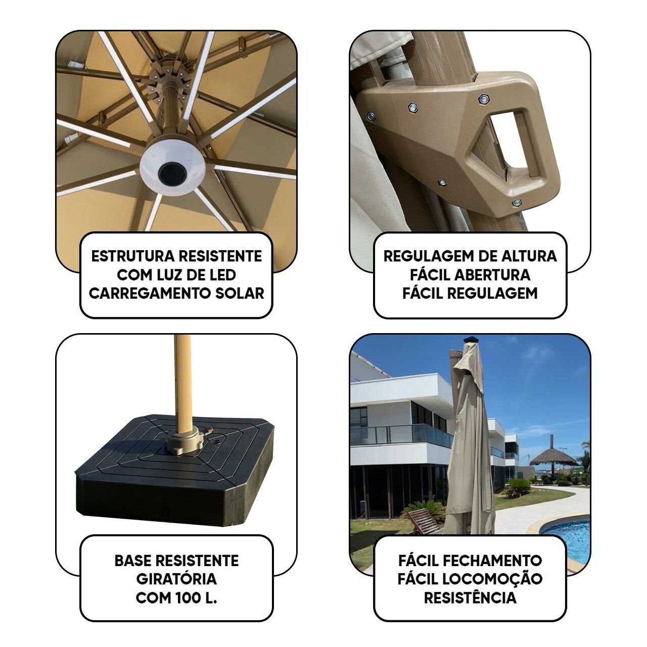 Ombrelone Guarda Sol Gold Led Alumínio Marrom Café 2,5 X 2,5 C/ Base em 100 L - 6