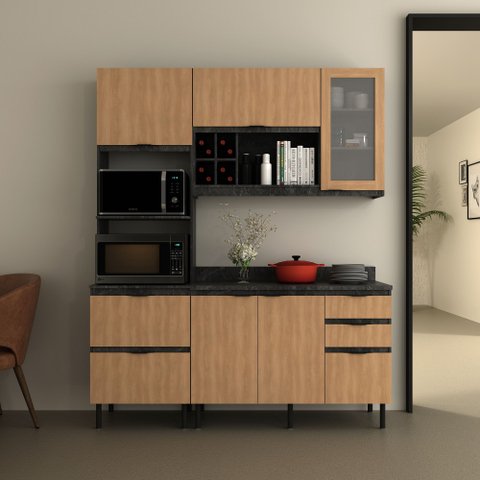 Cozinha Compacta Begônia 180cm 6 Portas 4 Gavetas Mármore Lunar/freijó Cz1203 Cor: Mármore Lunar/fre