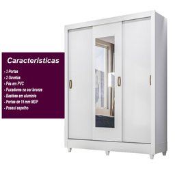 Guarda Roupa Casal 3 portas deslizante com espelho Branco Bolivia - Moval - 5 Guarda Roupa Casal 3 portas deslizante com espelho Branco Bolivia - Moval - 5