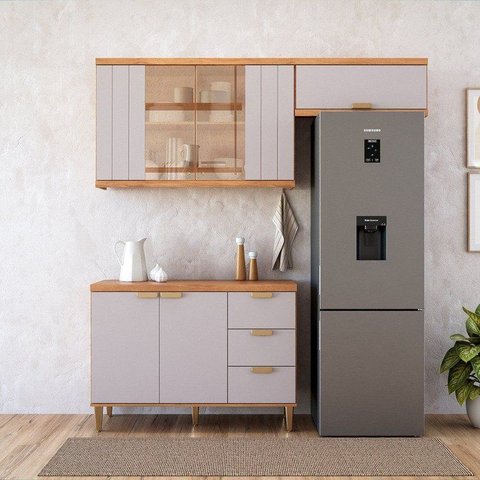 Cozinha Modulada 3 Peças com 1 Balcão e 2 Armários Aéreo Elena Cinamomo/Platina
