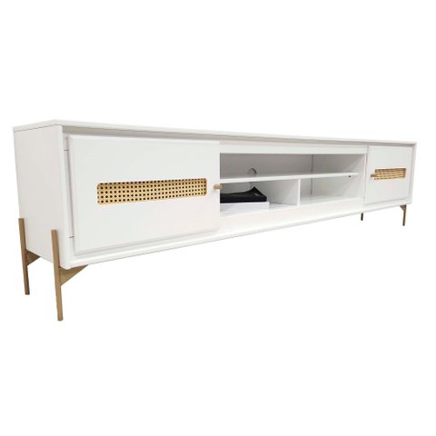 Rack Sala Tv até 75 Polegadas Paraty 220 Cm Laca Pés Metal Palhinha Branco