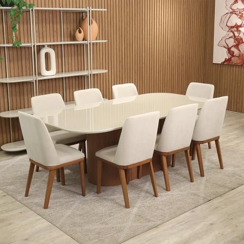 Conjunto de Jantar Mesa Retangular com Vidro 8 Cadeiras Kalina - Canella C/ Off White