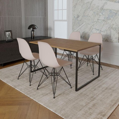 Mesa Industrial Base Ferro Preto 137x90 Tampo Amêndoa 4 Cadeiras Eiffel Ferro Preto Assento Branco