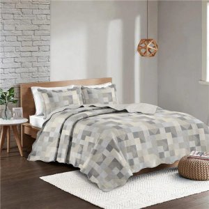 Colcha Patchwork - Queen Size - Dupla Face - com Porta Travesseiros - Genius - Camesa
