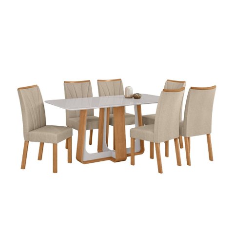 Conjunto Sala de Jantar Mesa Sintonia 160 Tampo Vidro Off White com 6 Cadeiras Apogeu - Lopas Amendo