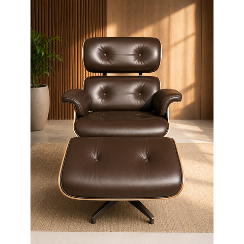 Poltrona Charles Eames com Puff - Couro Capuccino 373 - Freijó