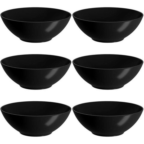Conjunto 6 Cumbucas 500ml Bowl Plástico Redondo Preto Cozy Prato para Cereal Petiscos Caldos