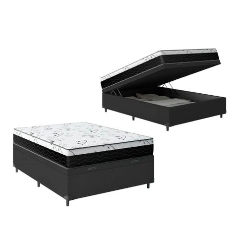 Cama Box Baú Casal 138 Tecido Sintético Preto com Colchão Espuma D33 One Face Preto Bello Box - 58x1