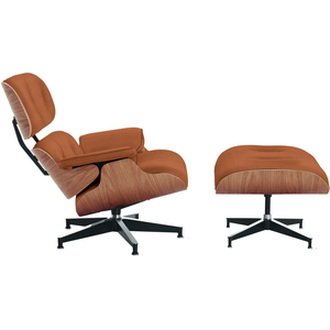 Poltrona com Puff Charles Eames Madeira Freijó Couro Ecológico:caramelo