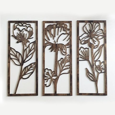 Trio de Quadros Decorativos Vazados Flores Cartoon em Mdf Decoração Sala - Homedecor Up Art Personal