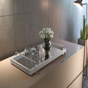 Bandeja Decorativa Espelhada Off White para Servir com Alça Prata