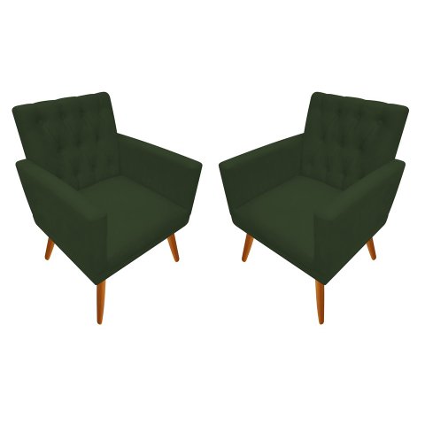 Kit 2 Poltronas Decorativa Nina Capitonê Suede Verde Pés Madeira Mz Decor