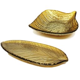 Jogo Travessa Petisqueira Vidro Ouro Envelhecido Texturizado Folha Drops 2 Peças - Tuut - 1