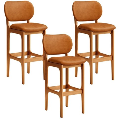 Kit 03 Banquetas Alta Bar Cozinha Sala Jantar Fixa Betta L02 Imbuia Couríssimo Canela - Lyam Decor