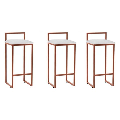 Kit 3 Banquetas Altas Industriais em Aço Dori Cobre Assento Suede Branco - Cor: Branco
