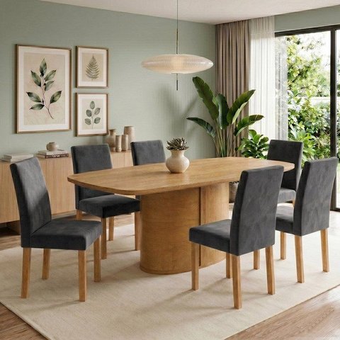 Conjunto de Mesa de Jantar 6 Lugares 180x90cm em MDF Cinamomo e Grafite