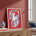 Ver imagem 1 de Quadro Gato Arte Moderna Vermelho Azul 33x24cm Mold Preta Vidro