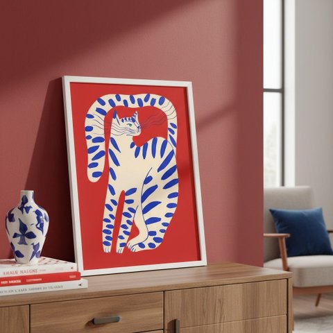 Quadro Gato Arte Moderna Vermelho Azul 33x24cm Mold Preta Vidro