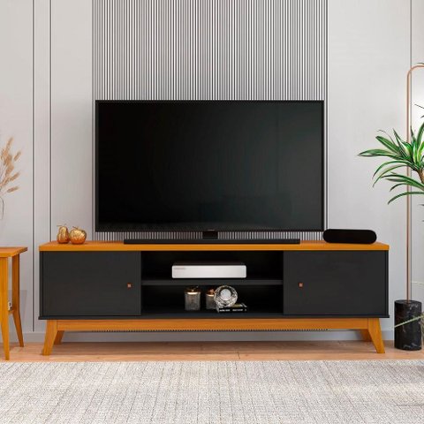 Rack para Tv até 75 Polegadas 2 Portas Stella 180cm - Via Nossa - Preto e Cedro