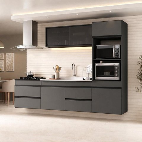 Armário Cozinha Modulada Completa Suspensa com Pia 251,5cm Milano Multimóveis MCR2479 Grafite/