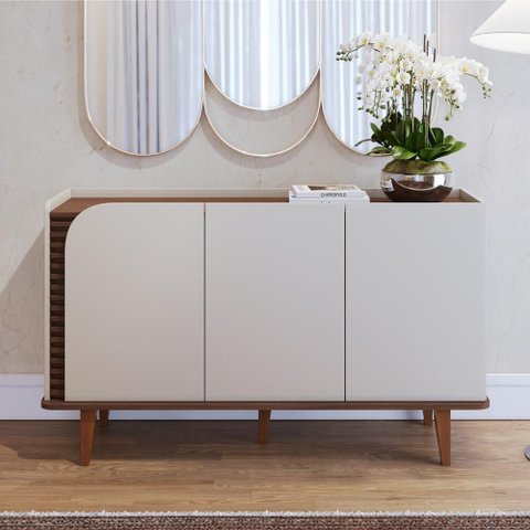 Buffet 3 Portas Detalhe Ripado Jurerê - Off White Matte/Nogueira Real