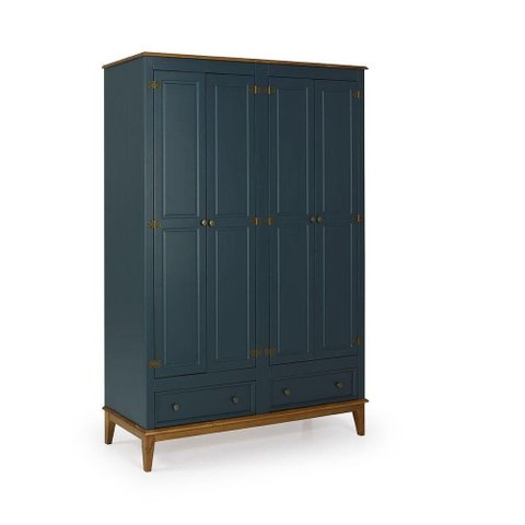 Guarda-roupa Rústico 4 Portas e 2 Gavetas - Madeira Maciça e Mdf Azul Petróleo