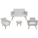 Ver imagem 1 de Kit Namoradeira + 2 Poltronas Decorativa Nina Capitonê + Puff Redondo Suede Branco Pés Madeira Ms De