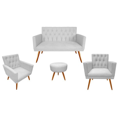 Kit Namoradeira + 2 Poltronas Decorativa Nina Capitonê + Puff Redondo Suede Branco Pés Madeira Ms De