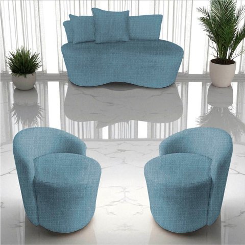 Kit Namoradeira + 2 Poltronas Yara Orgânica Linho Azul