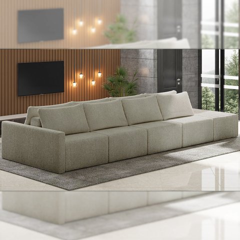 Sofá Ilha Modulado Milos 432cm Puff Lateral Bouclê Bege Escuro G33 - Gran Belo