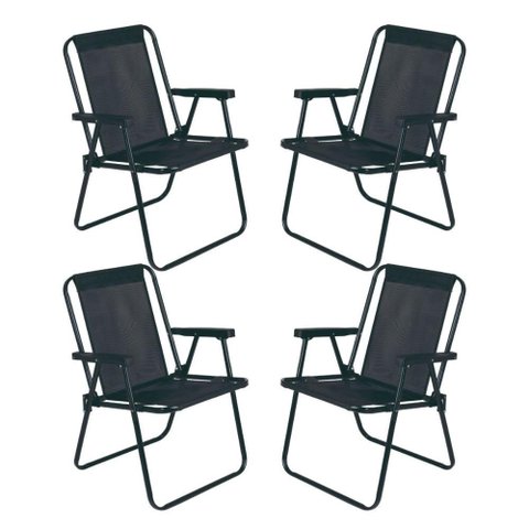 Jogo 4 Cadeira Alta Preta Mor Dobrável Reforçada até 110kg Praia Varanda Camping Jardim