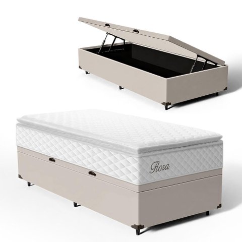 Cama Box Baú com Colchão de Molas Ensacadas Pillow Top Flora Solteiro 88cm