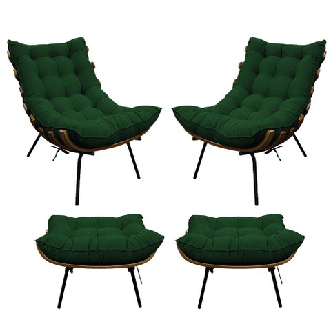 Kit 02 Poltronas e 02 Puffs Costela Base Fixa Suede - Doce Sonho Móveis - Verde