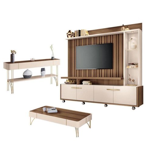 Estante Home Theater Titan e Aparador Vivant e Mesa de Centro Cadenza Castanho Off White - Hb Mó