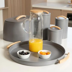 Bandeja com Alça Sense 41,5cm Metal + Bambu Chumbo ou