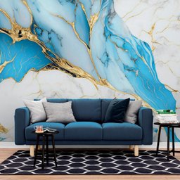 Papel de Parede Painel 3D Mármore Branco Dourado Azul 2,5M Revestimento Auto Colante Brilho - 2