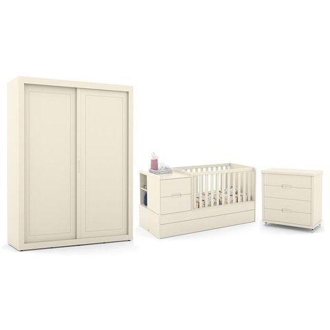 Dormitório Completo Infantil Tutto New 2 Portas de Correr, Cômoda 4 Gavetas e Berço Formare Off Whit