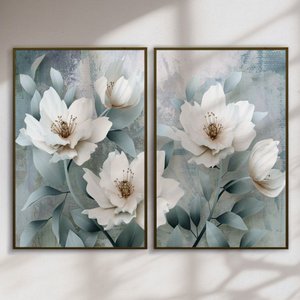 Quadro Decorativo Flor Branca Fundo Azul Kit 2 Quadros