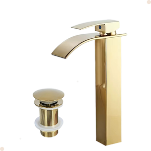 Kit Torneira para Banheiro Monocomando Cascata Alta Dourada com Válvula Ralo Click-up Luxo Dourada