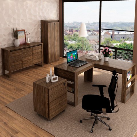 Conjunto Home Office 4 Peças 1 Mesa, 1 Gaveteiro e 2 Armários para Escritório Stanford 3 Marrom - Pn