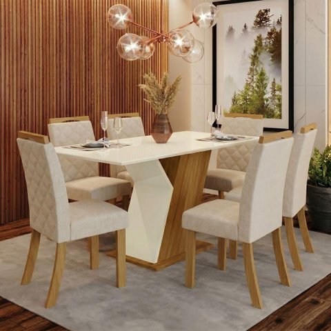 Conjunto Sala de Jantar Layla Select 6 Lugares Tampo MDF Cadeiras Suede Off White 160cm Casa 812