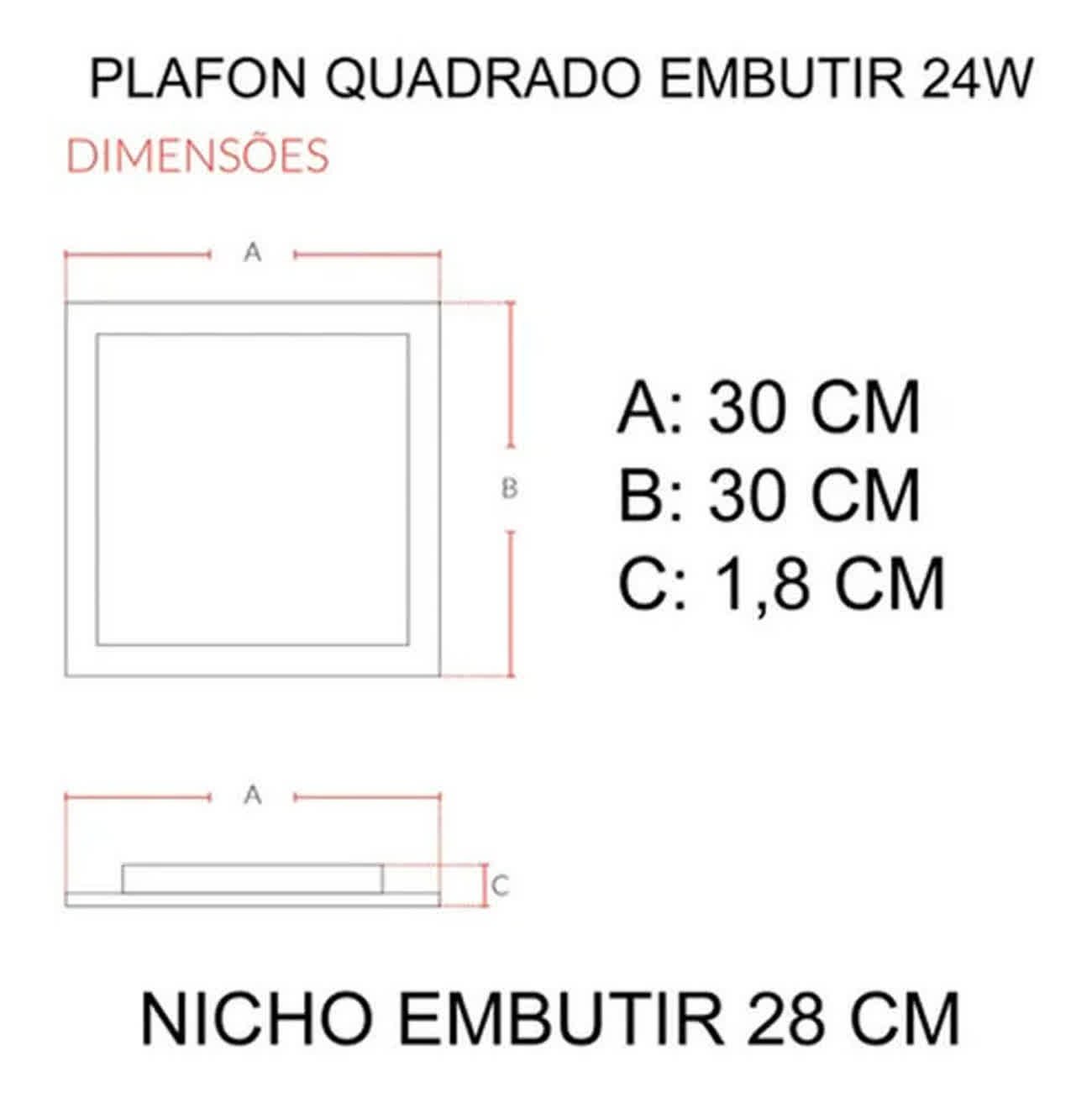 Painel Led Branco 24w 6000k Quadrado 30x30cm Embutir Kian - 3