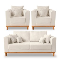 Kit Sofá 3 Lugares e 2 Poltronas Beny Viena Para Recepção Linho Bege - Madeira Prima Deccor - 1 Kit Sofá 3 Lugares e 2 Poltronas Beny Viena Para Recepção Linho Bege - Madeira Prima Deccor - 1