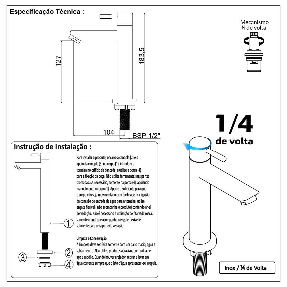 Torneira Lavatório Banheiro Mesa Bica Baixa em Inox Escovado 1/4v - 5