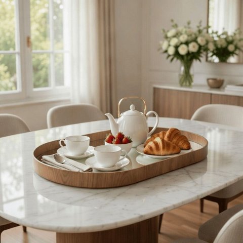 Bandeja Oval de Madeira para Servir Café para Visitas