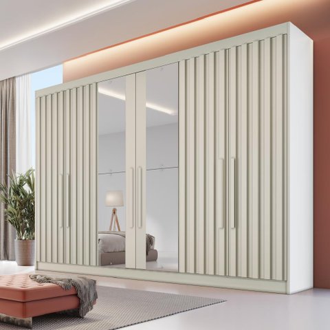 Guarda Roupa 6 Portas 4 Portas Ripadas Potente com Espelho 100% Mdf Off White - Móveis Europa