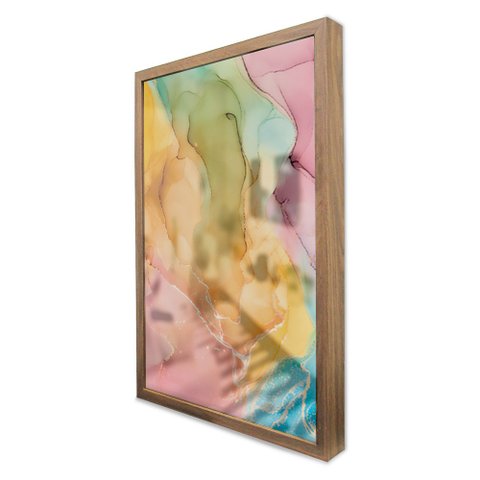 Quadro Decorativo Caixa Alta com Vidro Abstrato Mármore Colorido TaColado Moldura Madeira 90 x 60cm