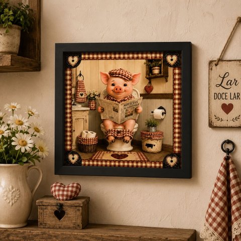 Quadro Country Porquinho no Banheiro 33x33cm Mold Preta