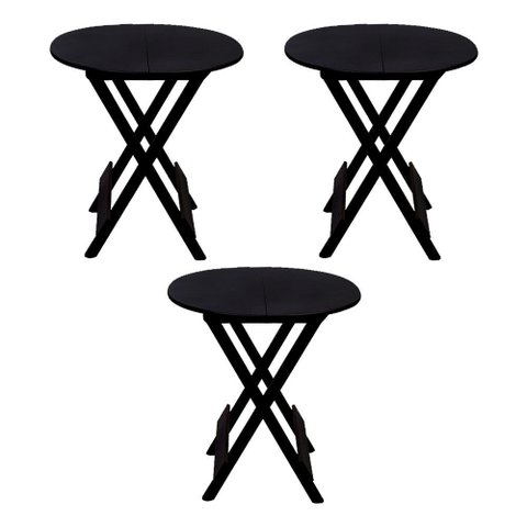 Kit 3 Mesas Redondas Dobráveis em Madeira Maciça 70x70 Preto Ideal para Bares e Restaurantes